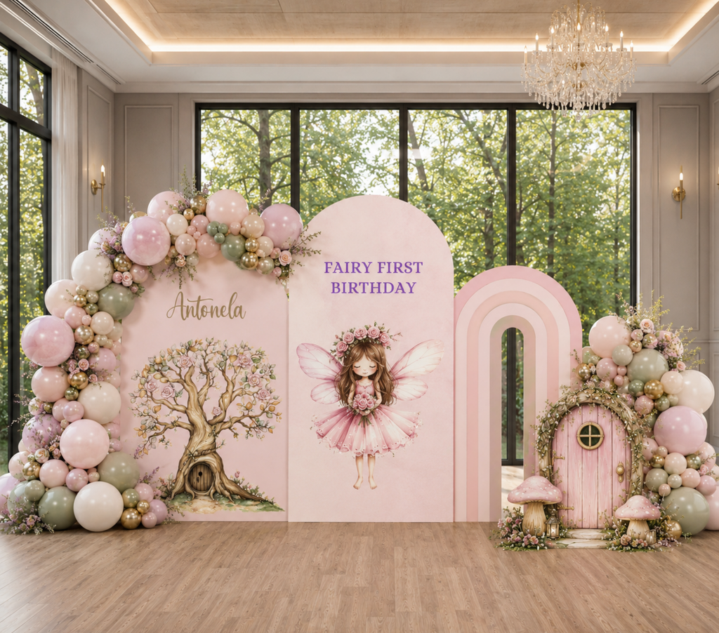 Personalized pink fairy first birthday display with floral backdrop panels, pastel accents and whimsical character cutouts.
