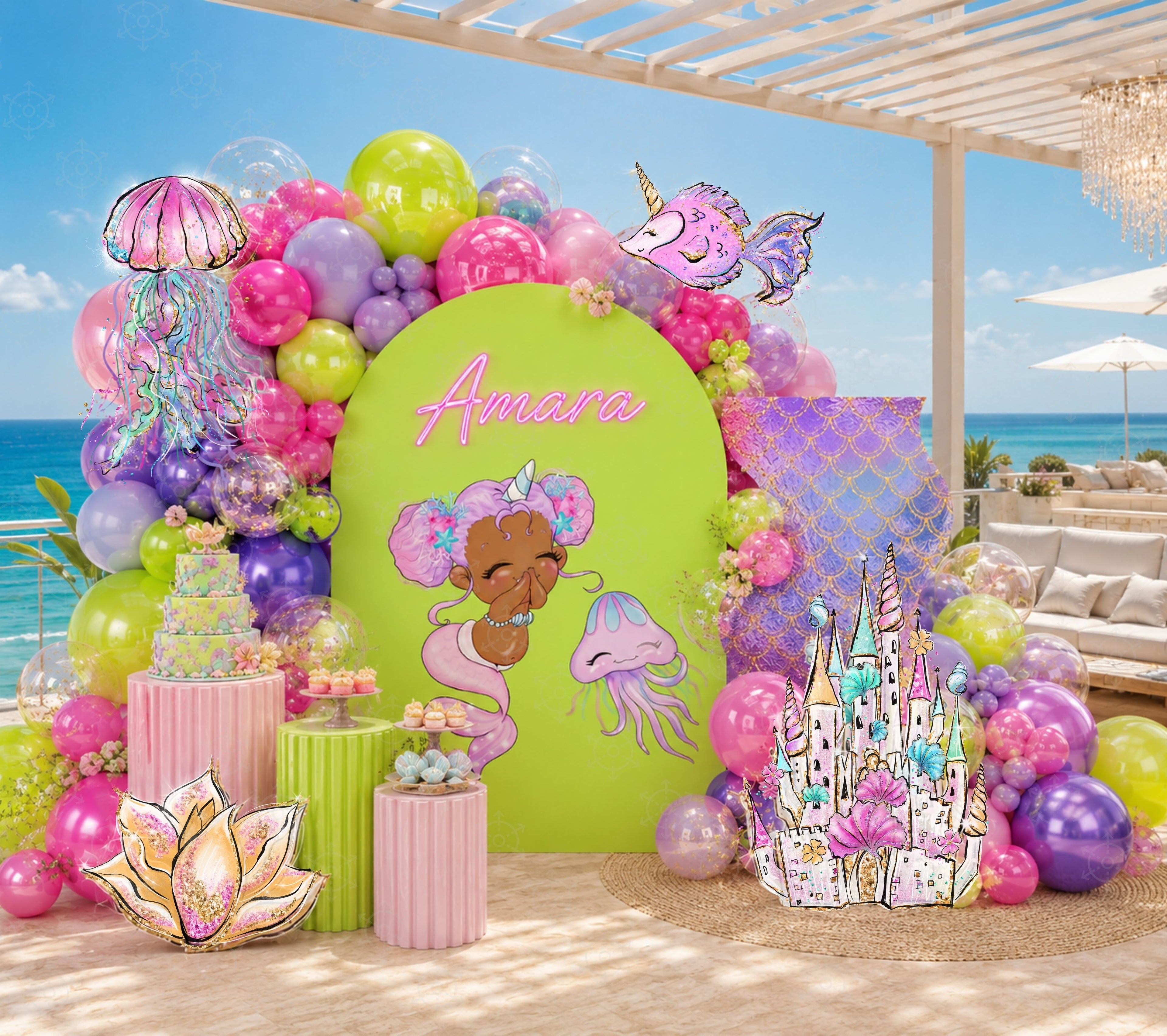 Colorful little mermaid first birthday backdrop with personalized green panel and ocean themed party decor