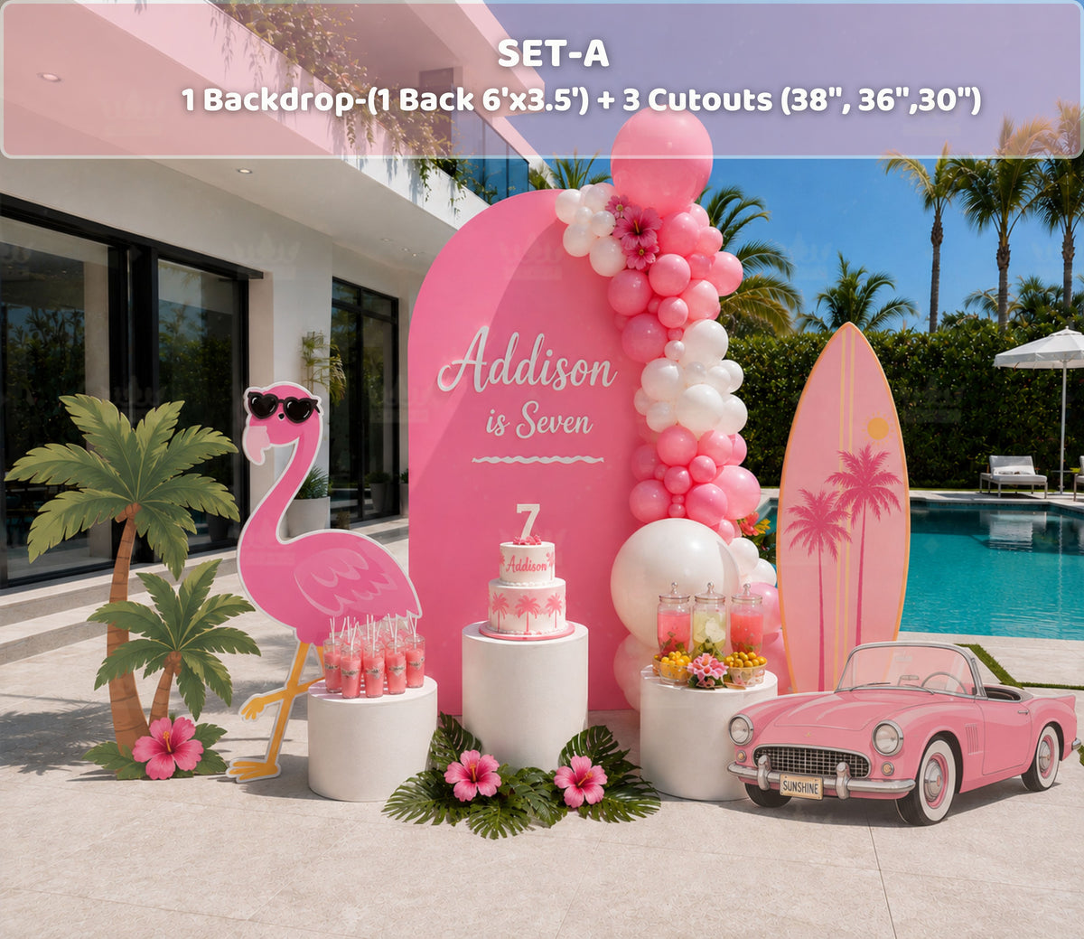 Personalized pink pool party backdrop with tropical cutouts and summer birthday decorations