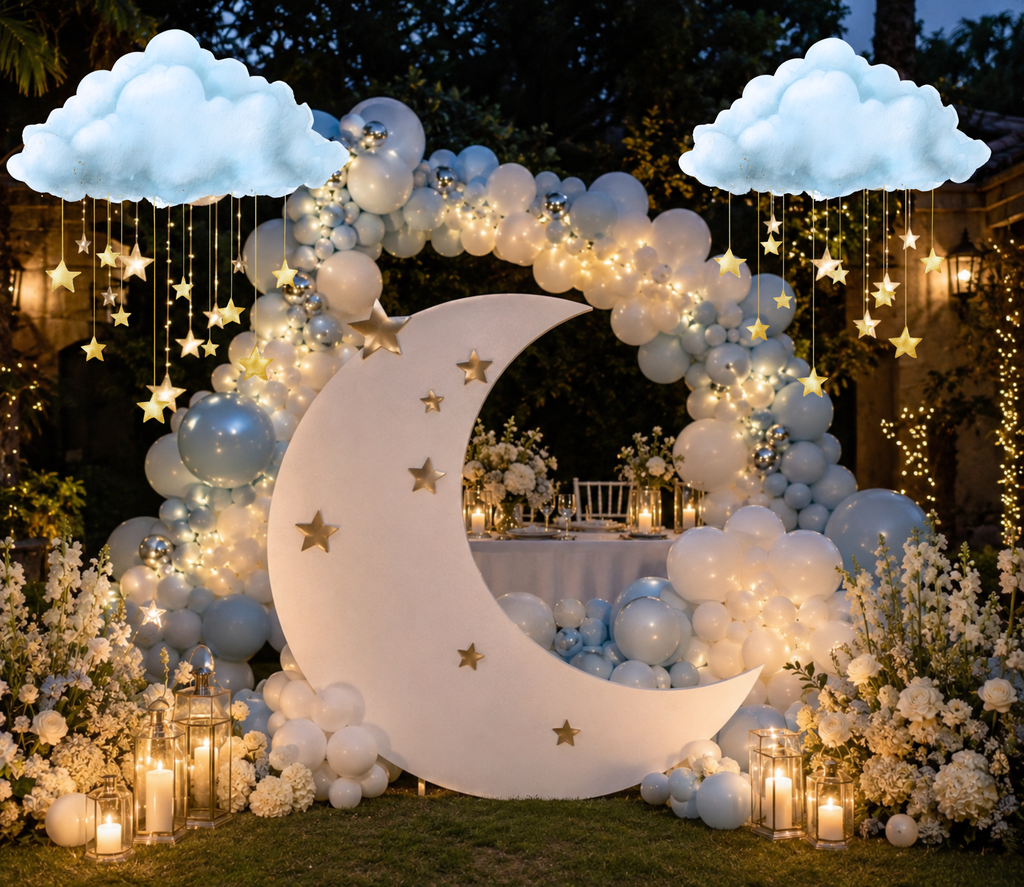 Celestial baby shower backdrop with crescent moon design, hanging clouds and stars, soft blue lighting and elegant Heaven Sent party decor.