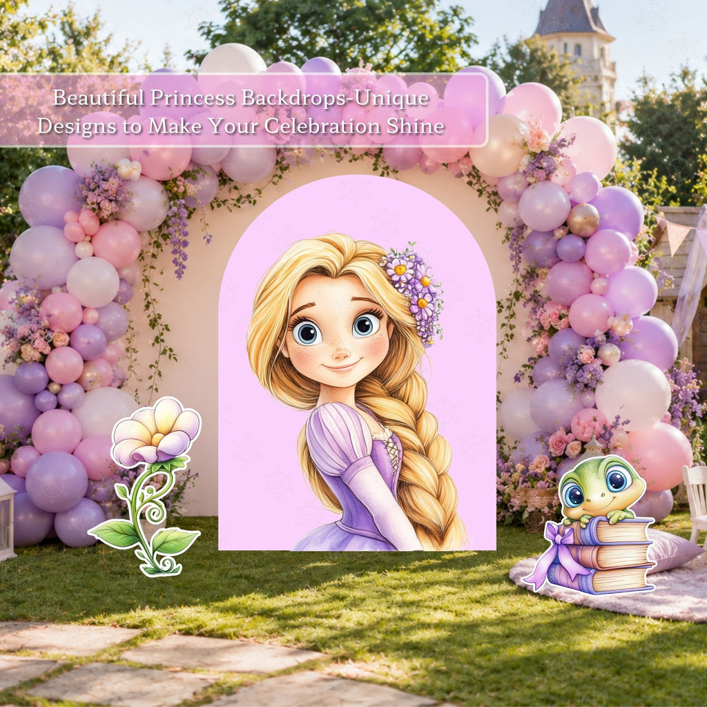Outdoor long hair princess party backdrop with pastel balloon arch, round panel design and princess character cutouts in a garden setting.