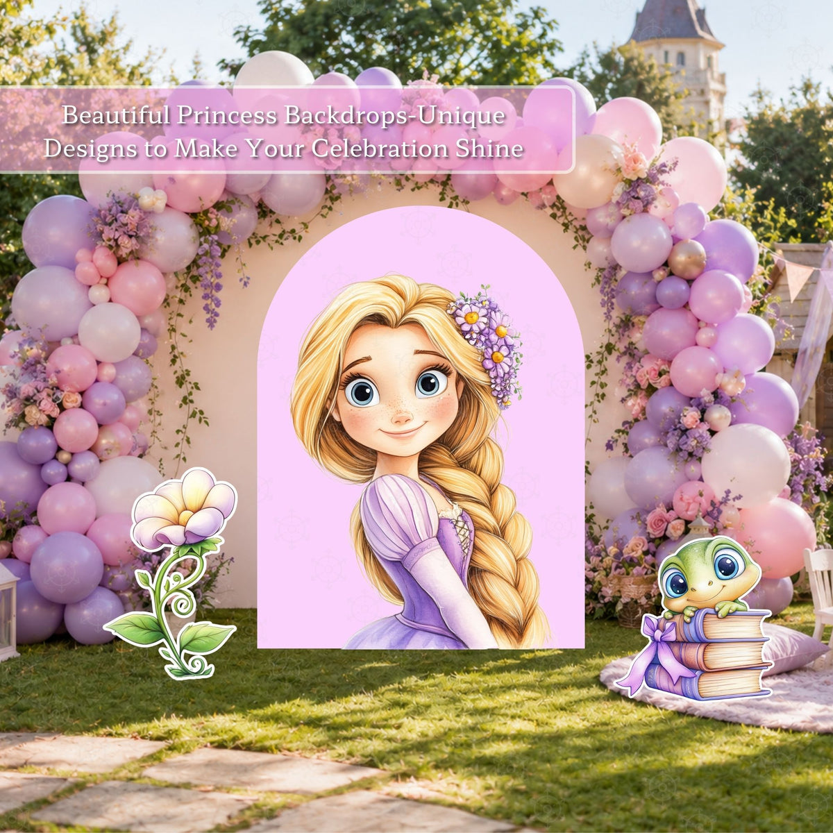 Outdoor long hair princess party backdrop with pastel balloon arch, round panel design and princess character cutouts in a garden setting.
