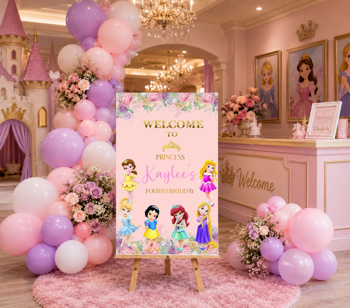 Pastel princess birthday welcome sign with custom name, floral accents and dreamy pink and lavender party decorations.