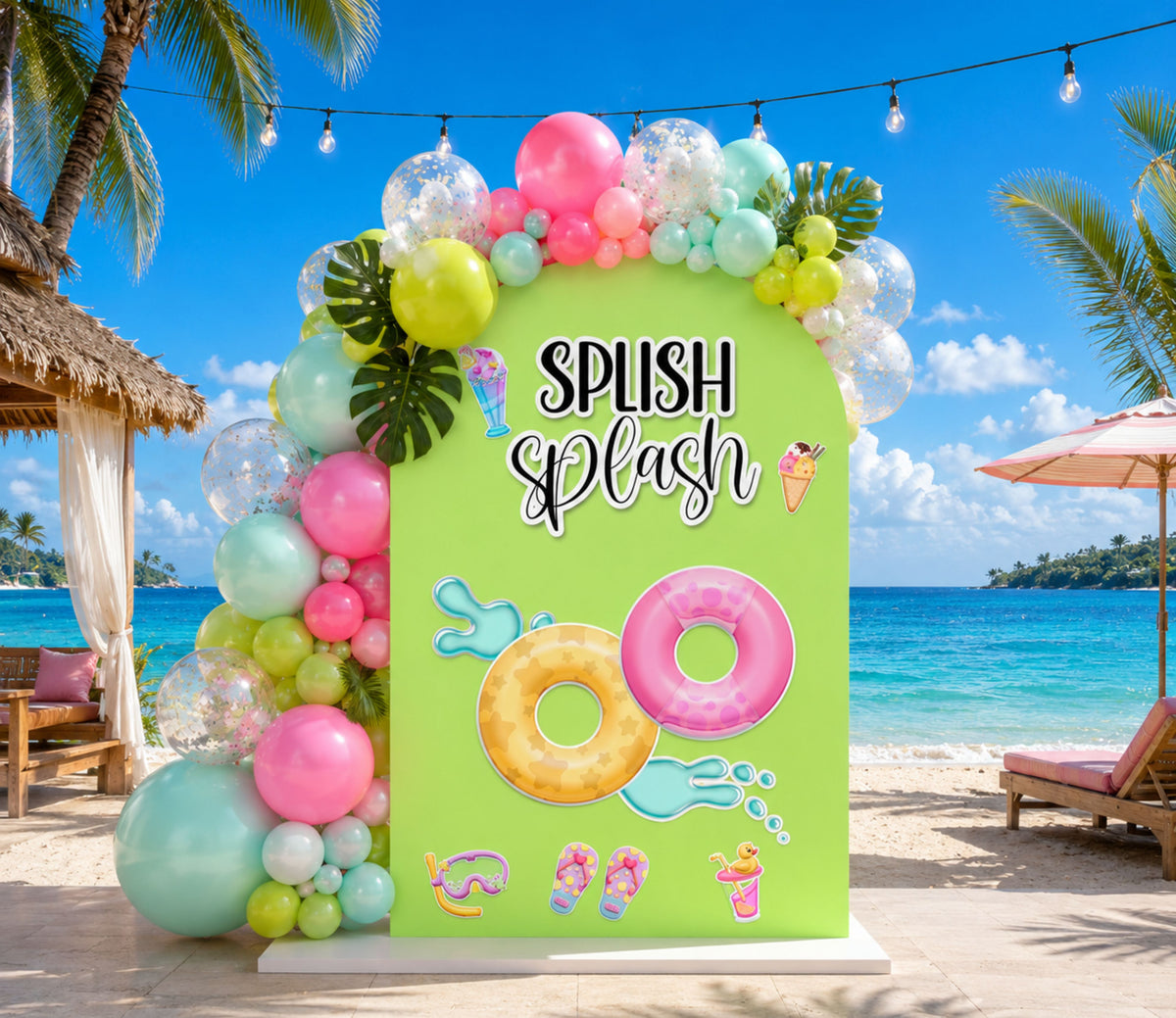Lime green summer birthday backdrop with colorful balloons, tropical flowers and playful pool party decorations for kids.