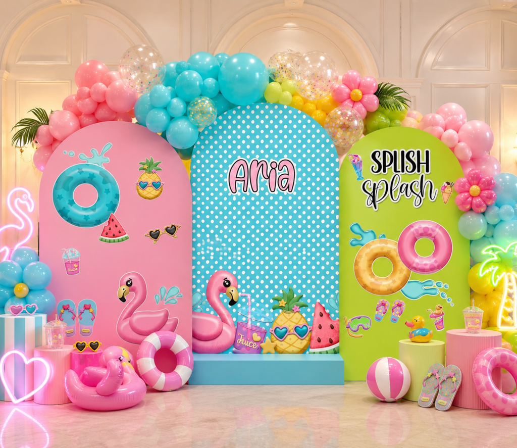 Bright personalized summer pool party backdrop with coral, aqua and lime panels, tropical balloons and playful birthday cutouts.