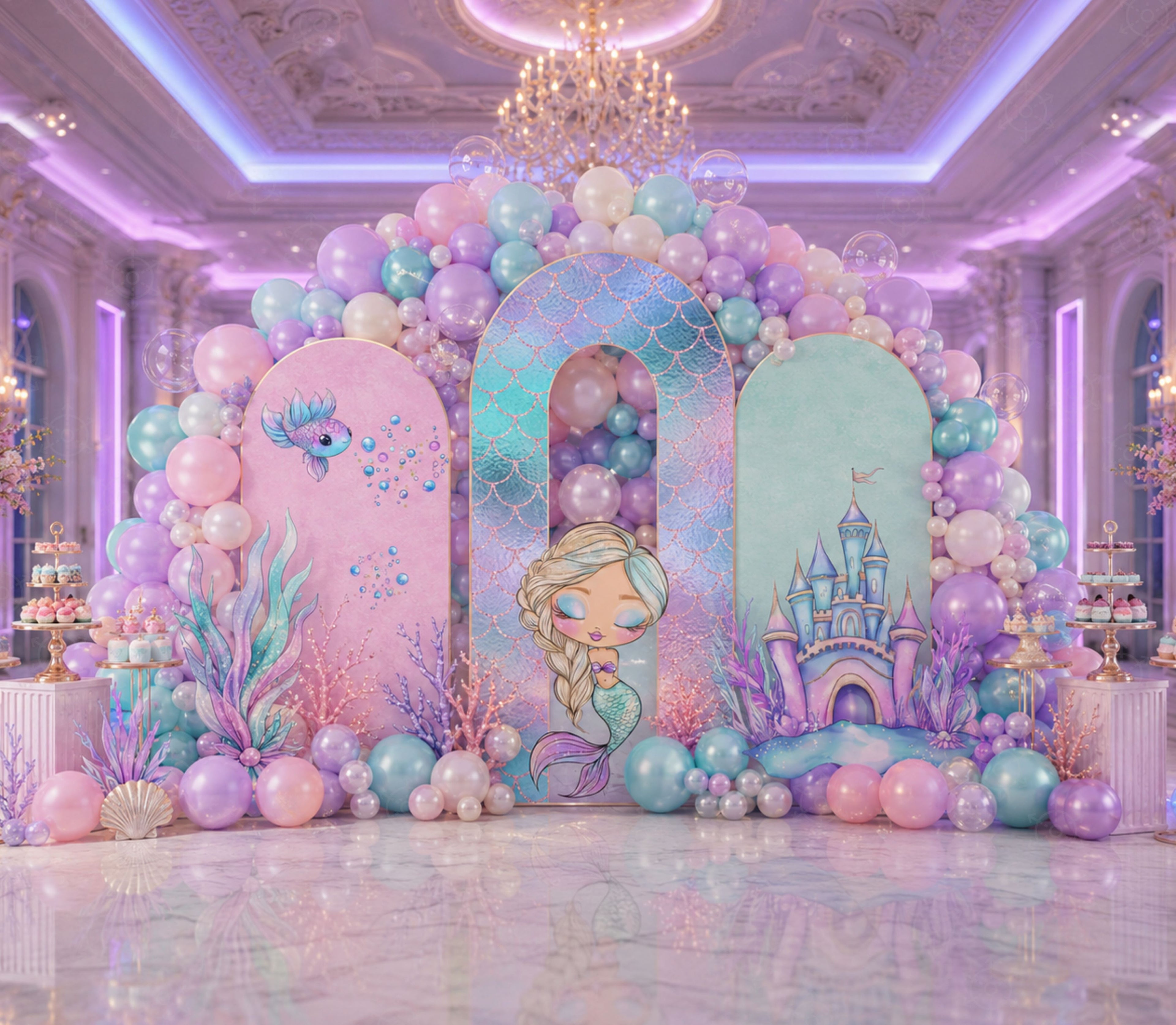 Personalized ocean princess birthday backdrop set with pastel mermaid cutouts and balloon decorations