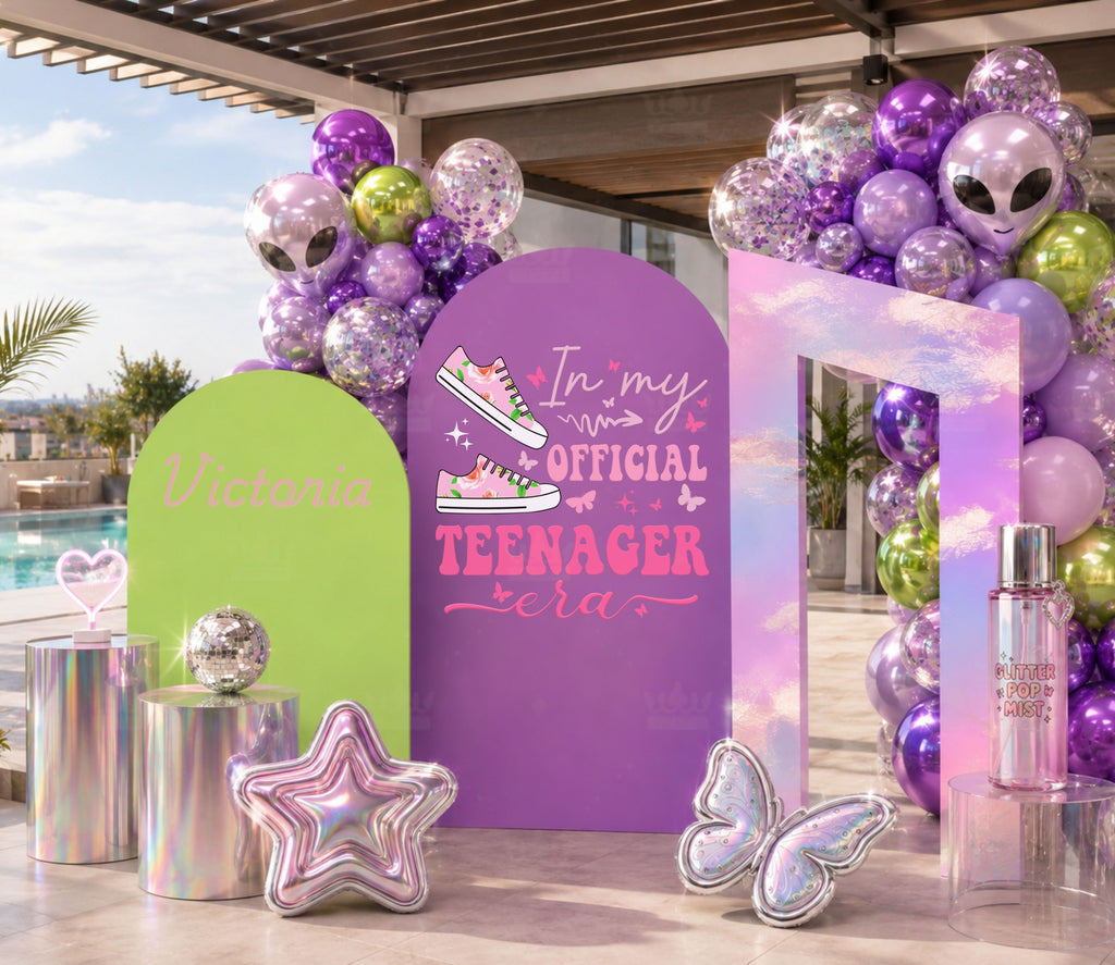 Purple and lime personalized teen birthday backdrop with playful graphics, pastel balloon garland and stylish party decor.