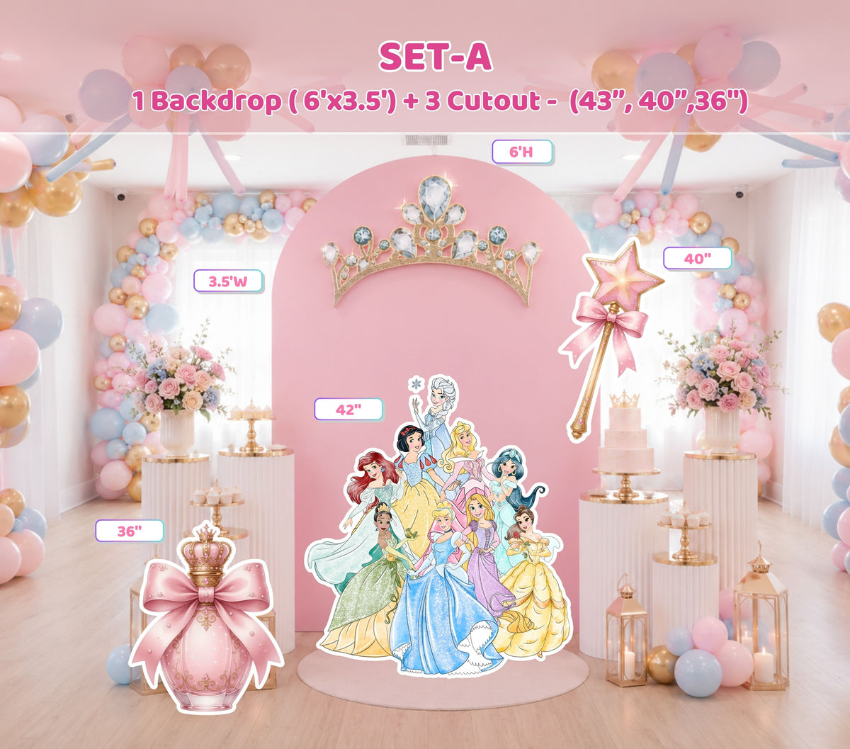 Princess birthday party backdrop set with soft pink arch panels, pastel balloons and princess cutouts for an elegant indoor celebration.