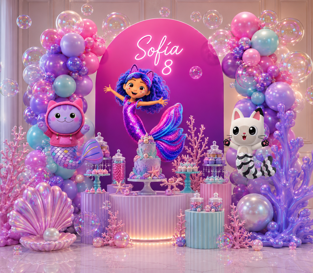 Gabby's Dollhouse mermaid party backdrop with purple personalized panel, colorful balloons and character cutouts