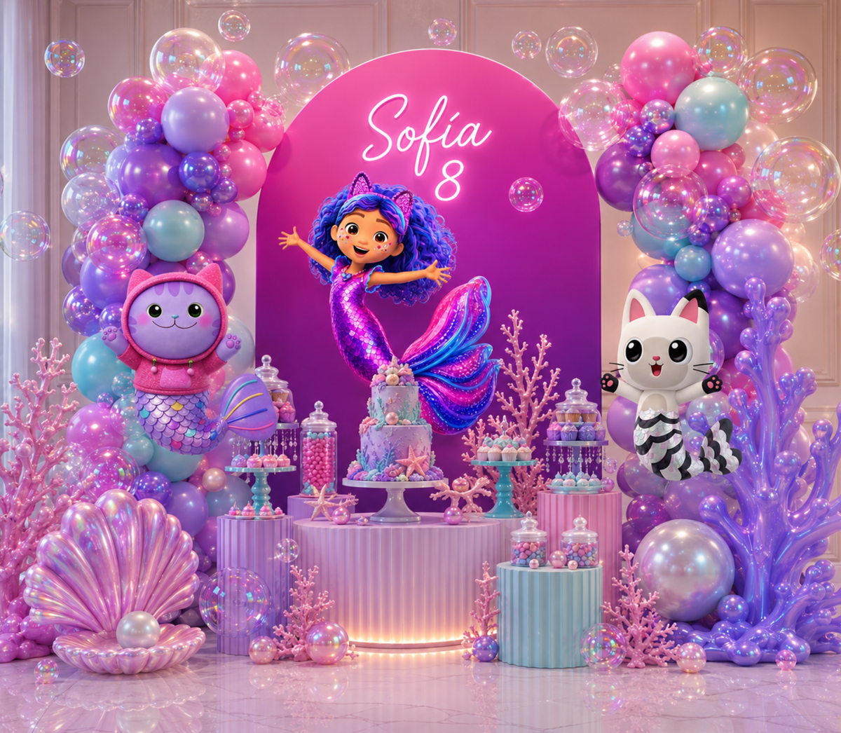 Gabby's Dollhouse mermaid party backdrop with purple personalized panel, colorful balloons and character cutouts