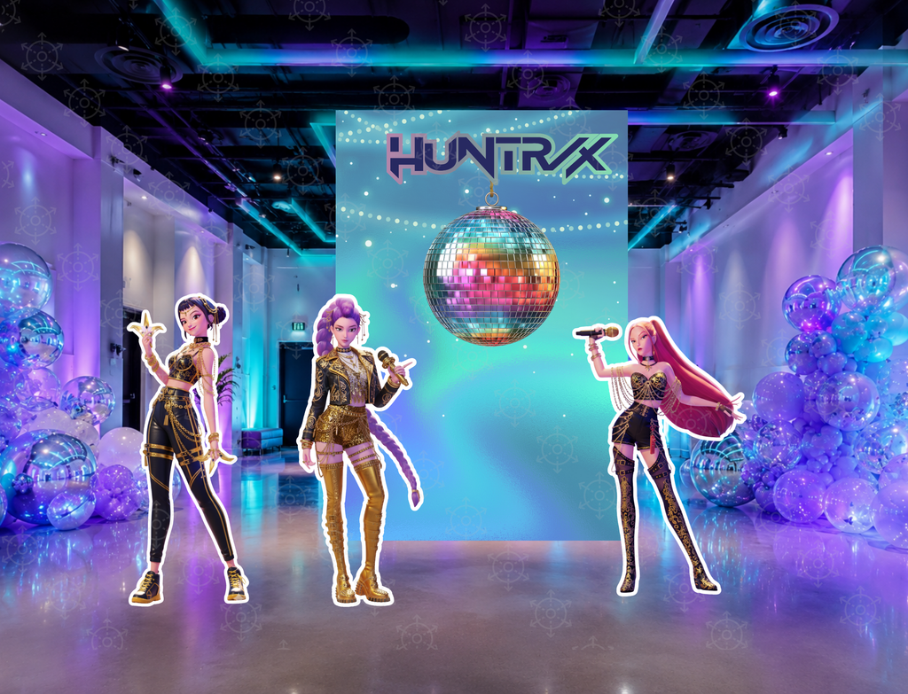Teen idol concert party backdrop with neon blue and purple stage effects, performer standee cutouts and personalized birthday decorations.