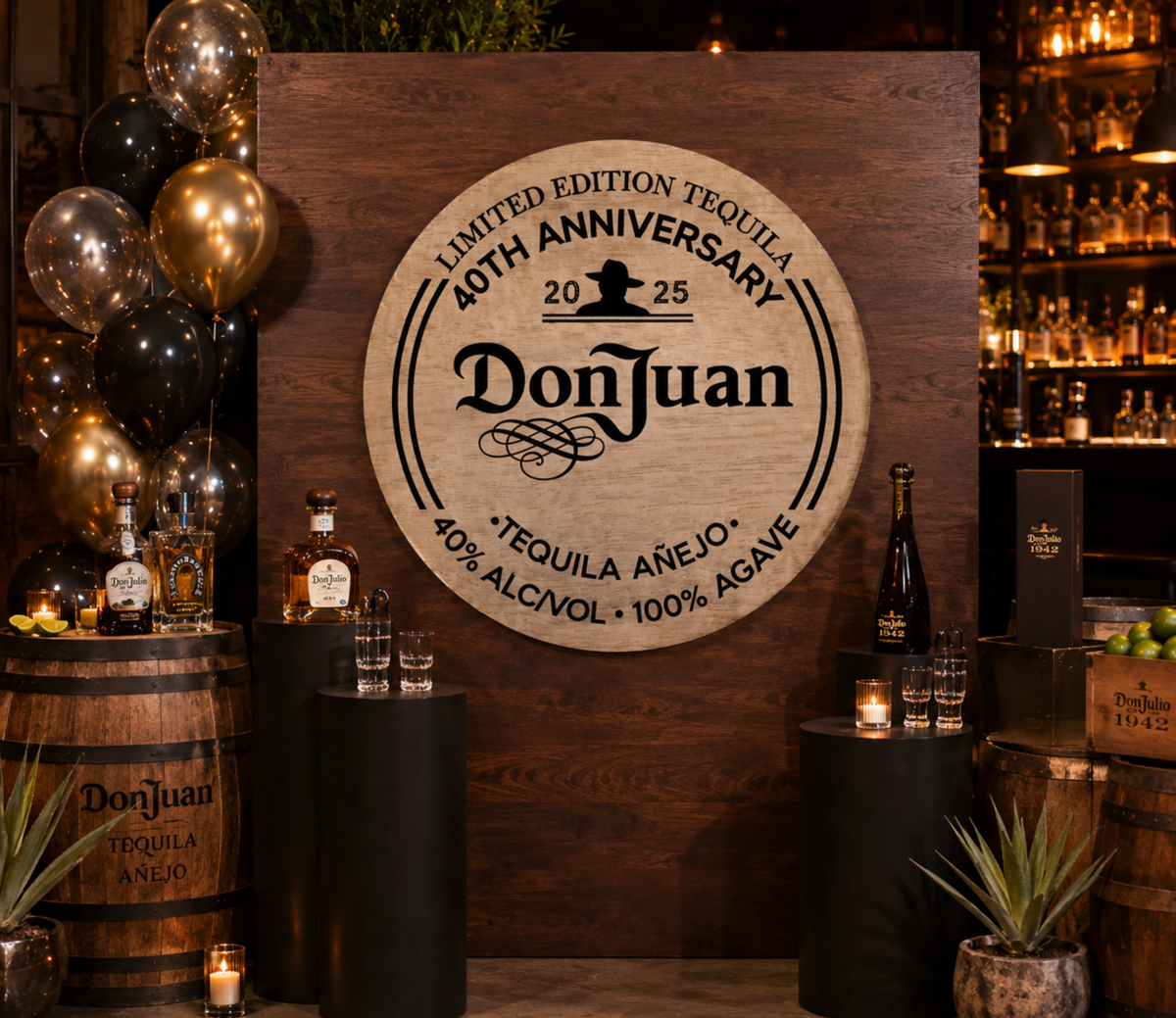 Custom tequila party sign with personalized name and birthday details displayed against a rustic barrel style bar setup.