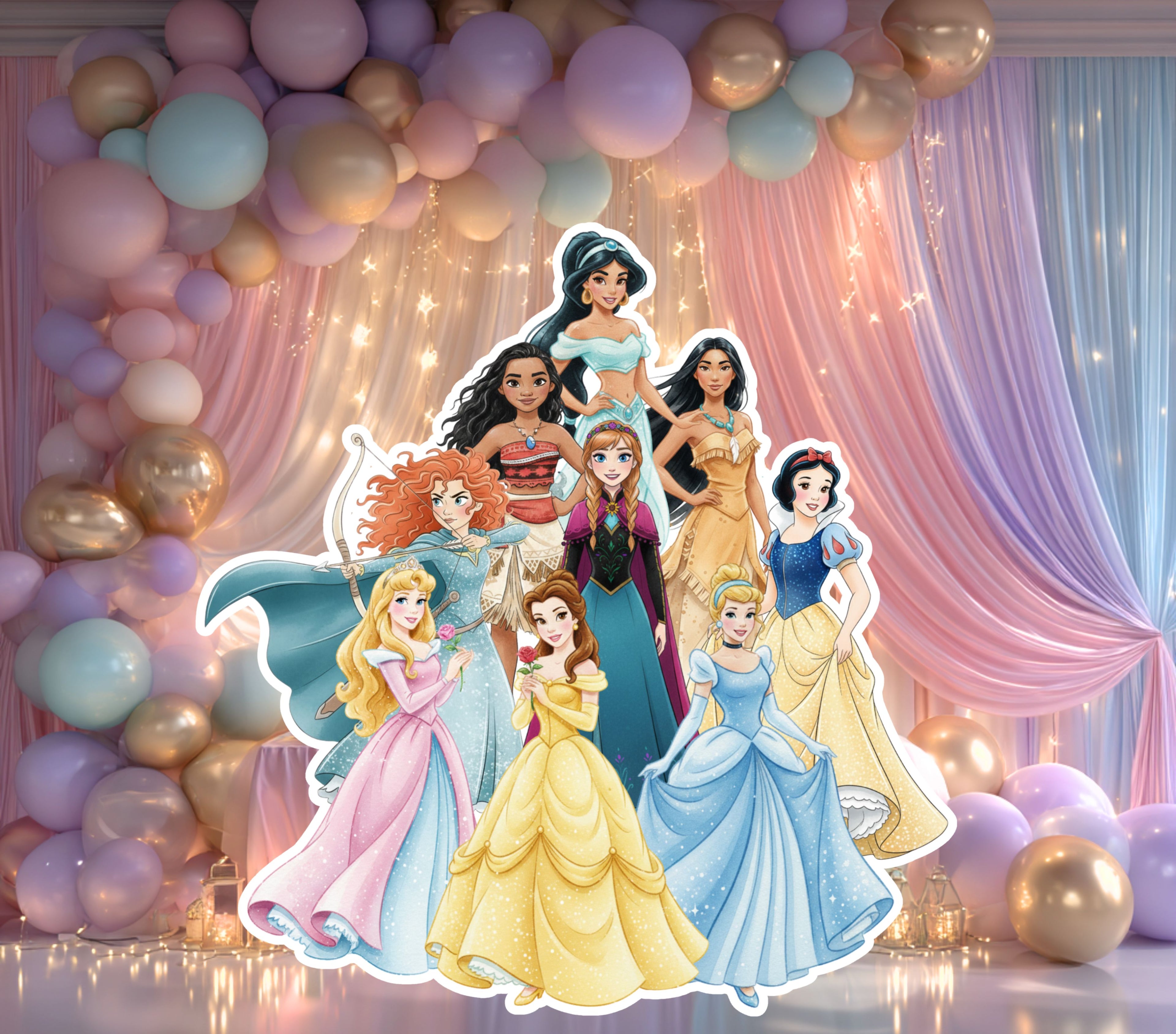 Colorful princess birthday cutouts arranged with blush pink lavender and gold balloon decor for a girls princess themed party.