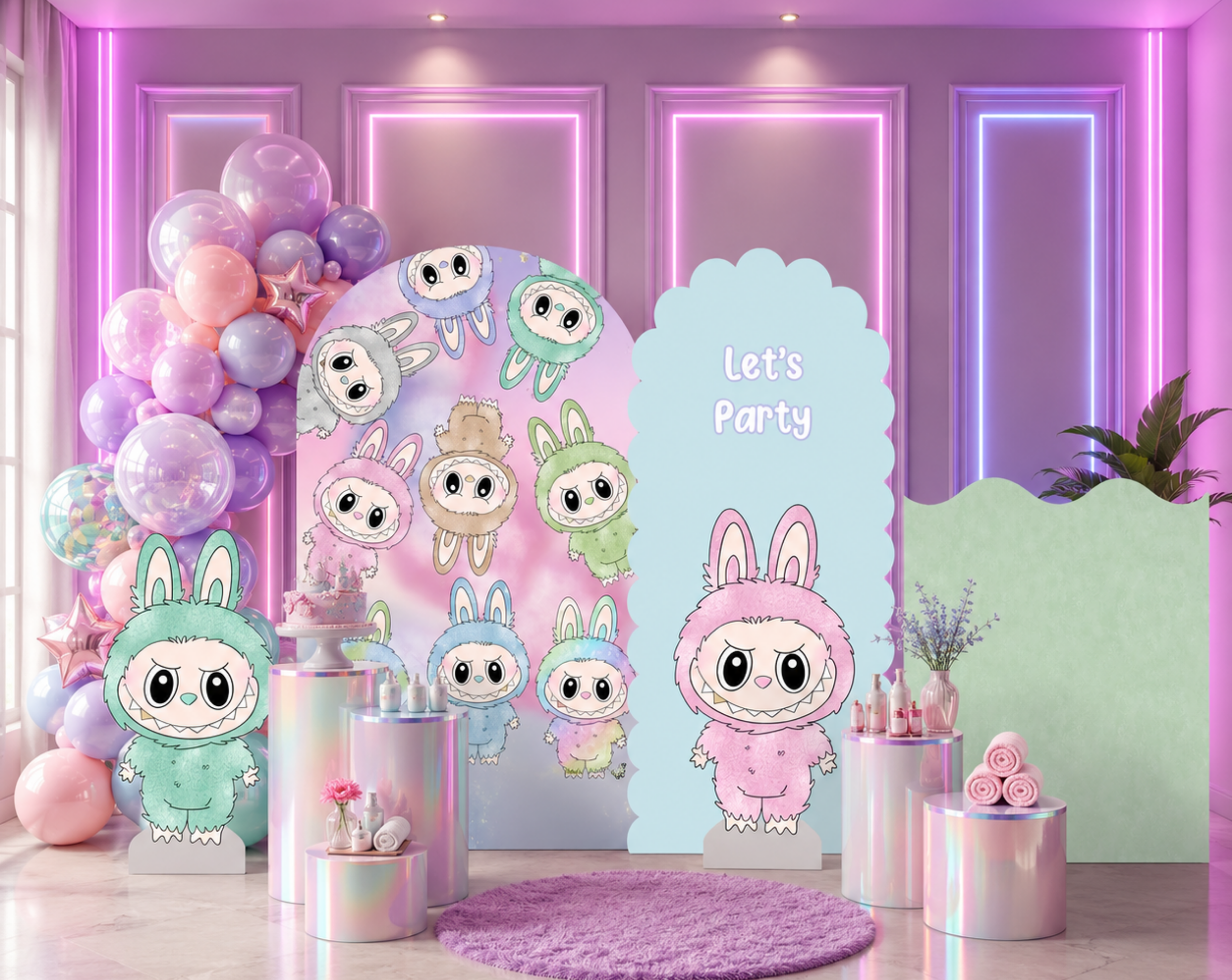 Pastel kawaii monster backdrop with pink blue and mint panels, cute monster cutouts and festive balloon decor for a birthday party.