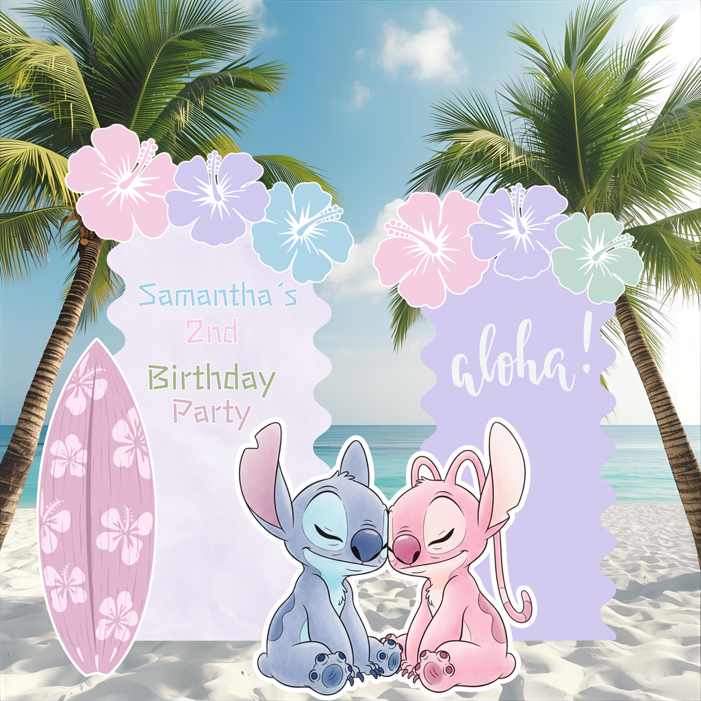 Pastel Blue Alien Beach Birthday Backdrop & Cutouts | Personalized Tropical Kids Party Decorations