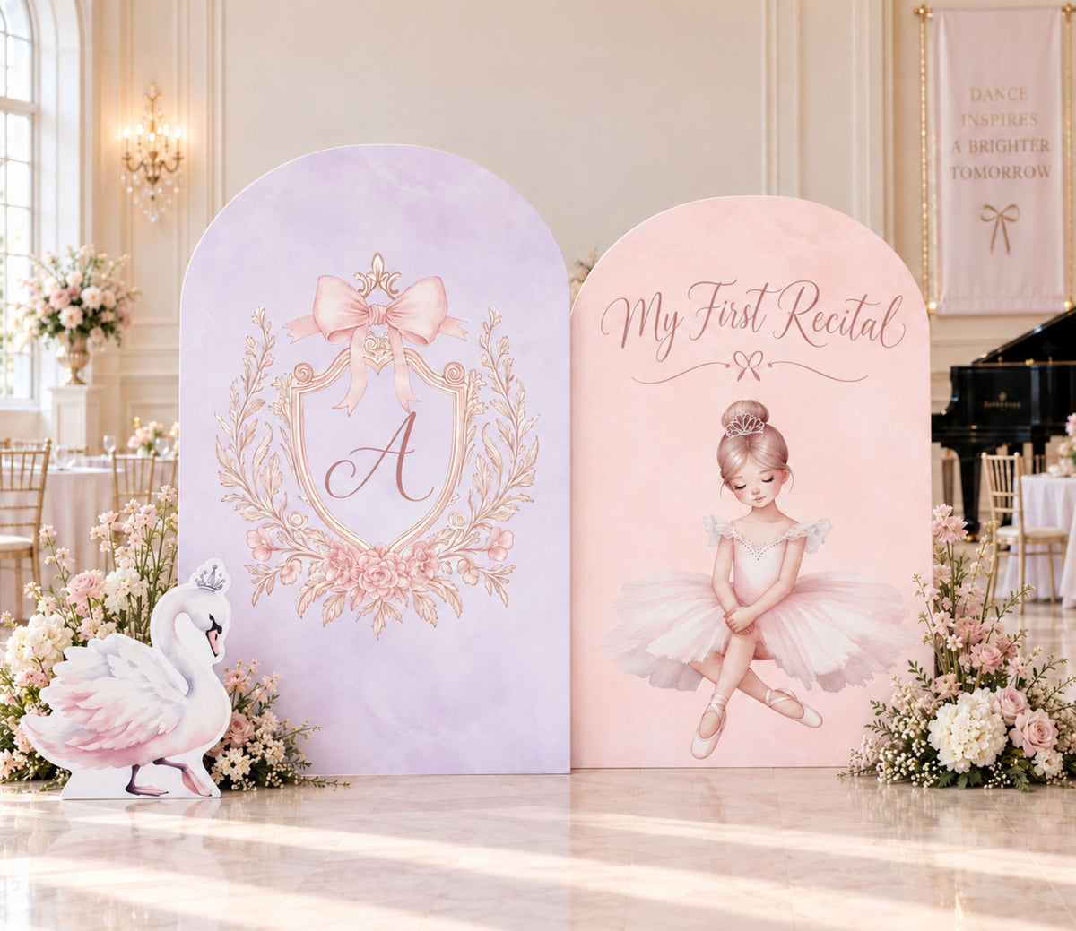 Soft pink ballerina birthday backdrop with personalized name, floral details and delicate ballet inspired party styling.
