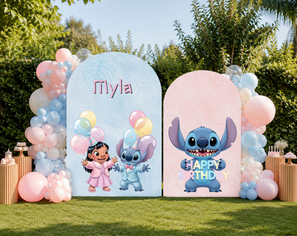 Outdoor blue alien birthday display with pastel panels, balloon garland and kawaii character cutouts for a personalized celebration.