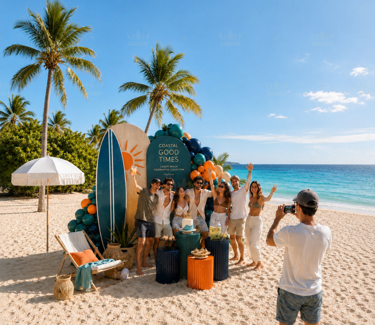 Tropical adult birthday backdrop set with personalized decor for a luxury poolside summer celebration