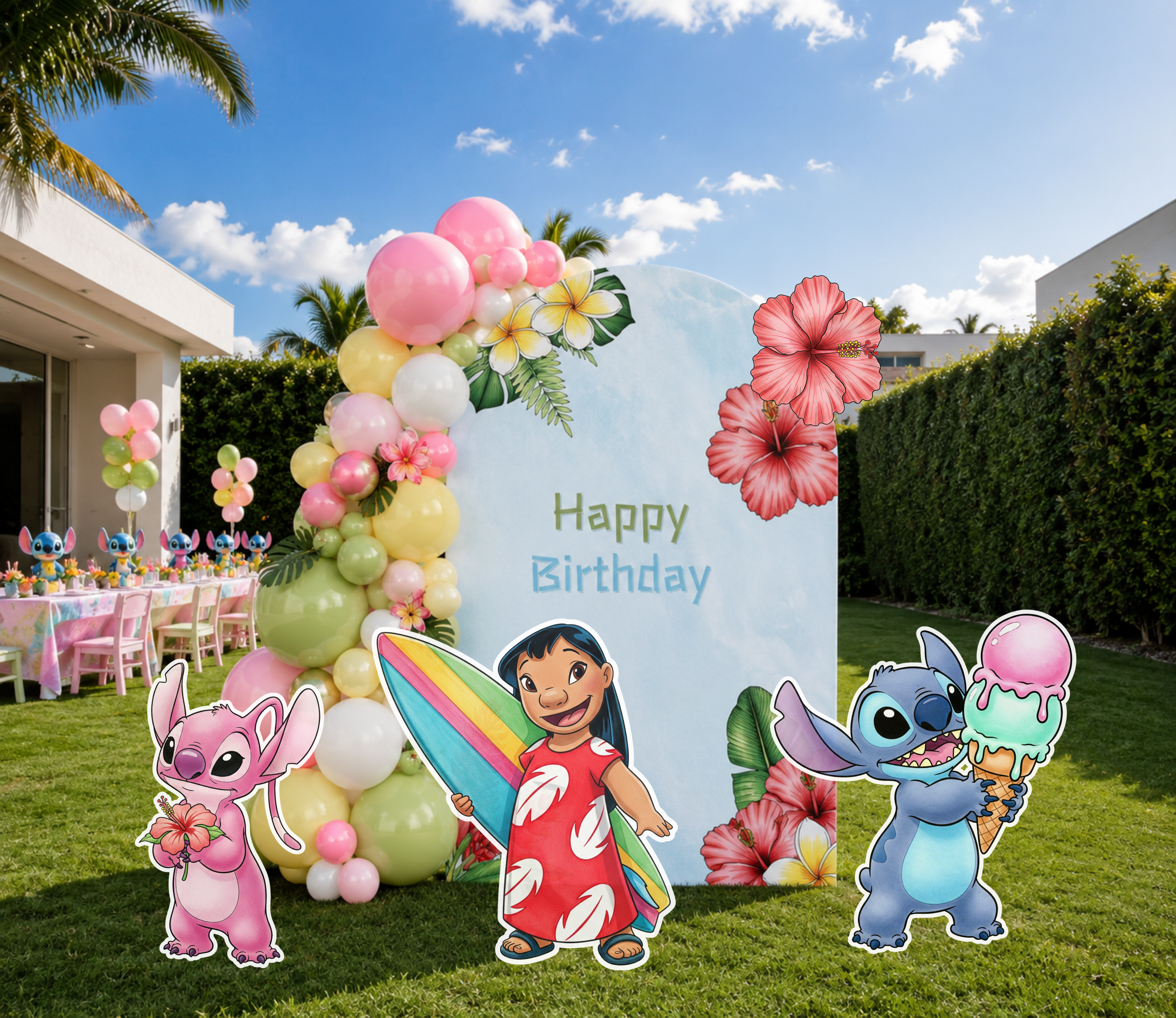 Outdoor Hawaiian birthday backdrop with tropical flowers, pastel balloon garland and character cutouts for a colorful island themed celebration.