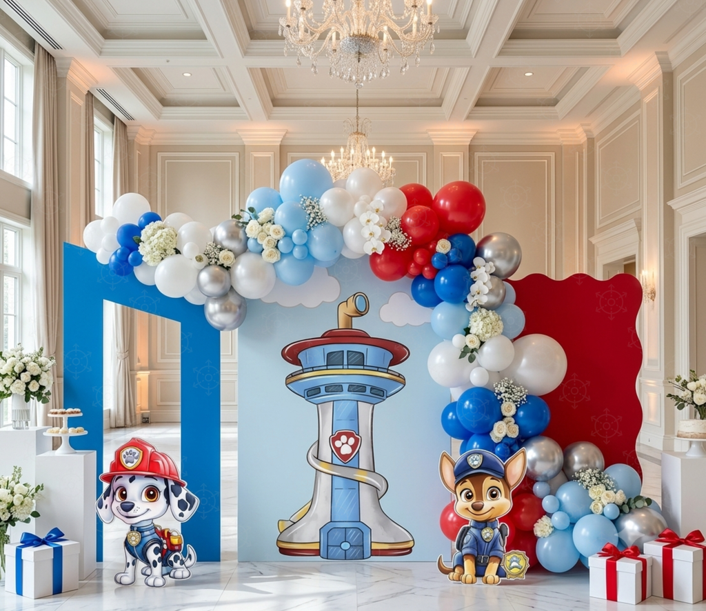 Puppy rescue birthday backdrop with character cutouts and blue red white balloon garland