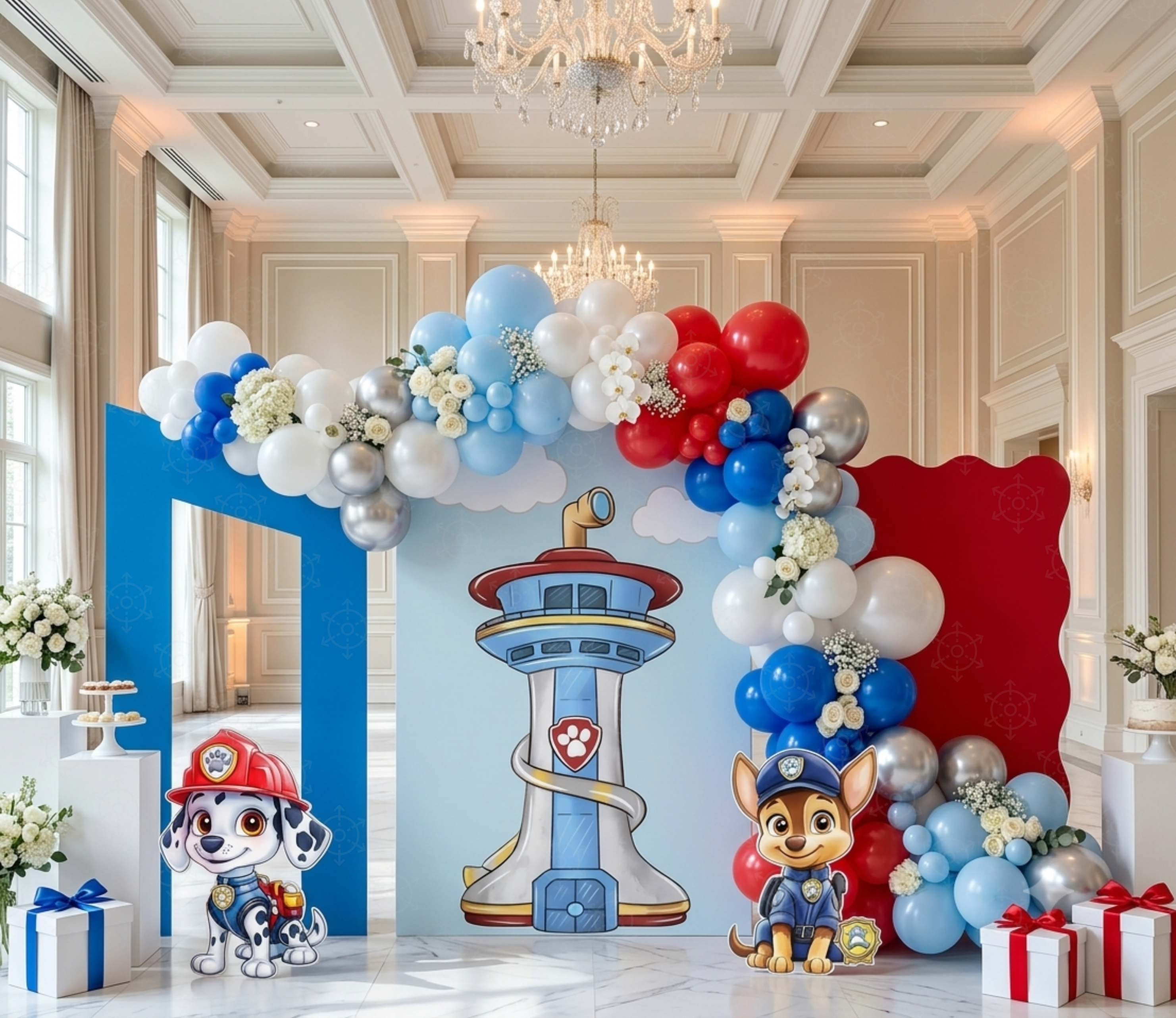 Puppy rescue birthday backdrop with character cutouts and blue red white balloon garland