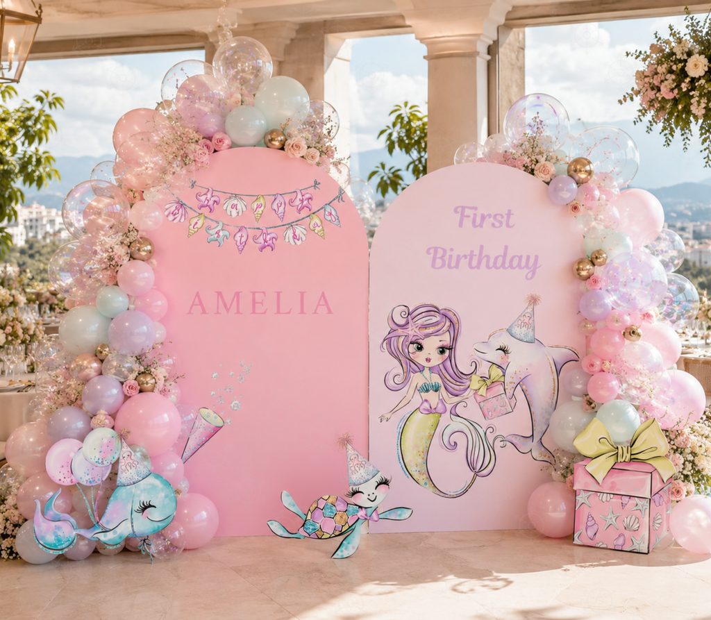 Personalized mermaid birthday setup with pink backdrop panels, balloon garland and soft pastel ocean decorations.