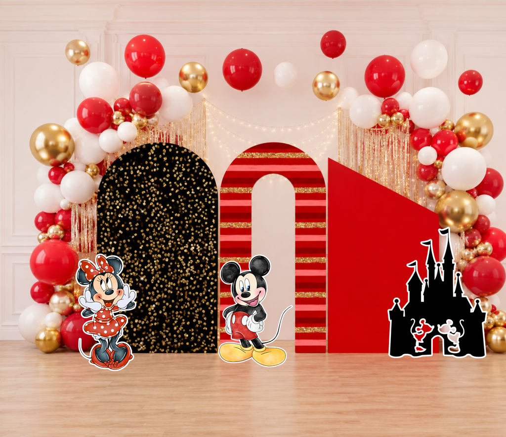 Classic mouse birthday backdrop with black and red panels, polka dot details and red balloon decorations
