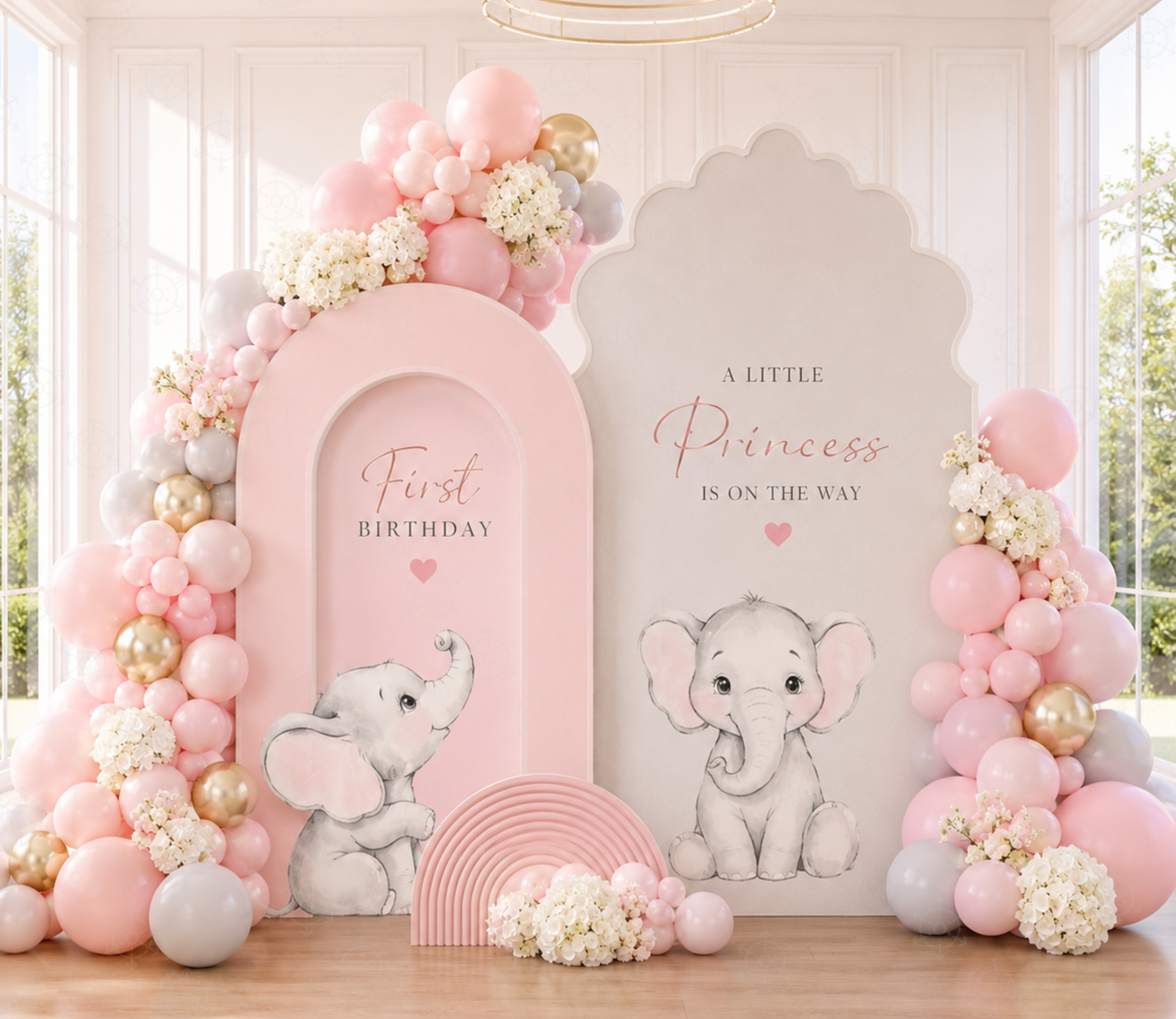 Pink baby elephant baptism backdrop with matching cutouts, soft florals and elegant indoor party decor.