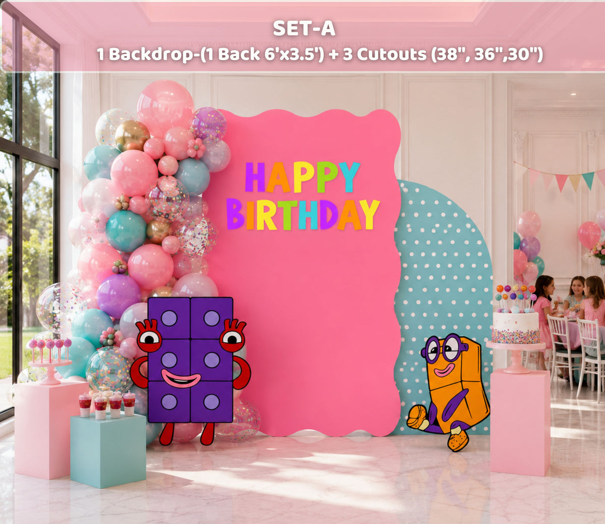 Pink Numberblocks birthday backdrop with colorful character cutouts, pastel balloon garland and personalized girls party decorations.