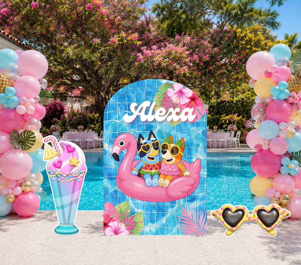 Personalized Blue Puppy Pool Party Backdrop & Cutouts | Summer Birthday Party Decorations