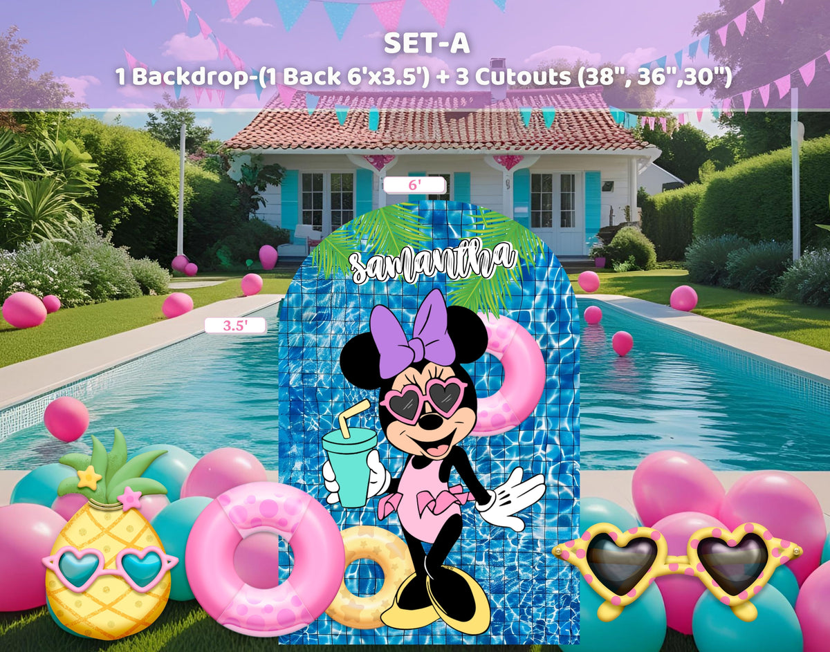 Minnie Mouse pool party backdrop with bright tropical colors, colorful float rings and personalized summer birthday decor for a kids celebration.
