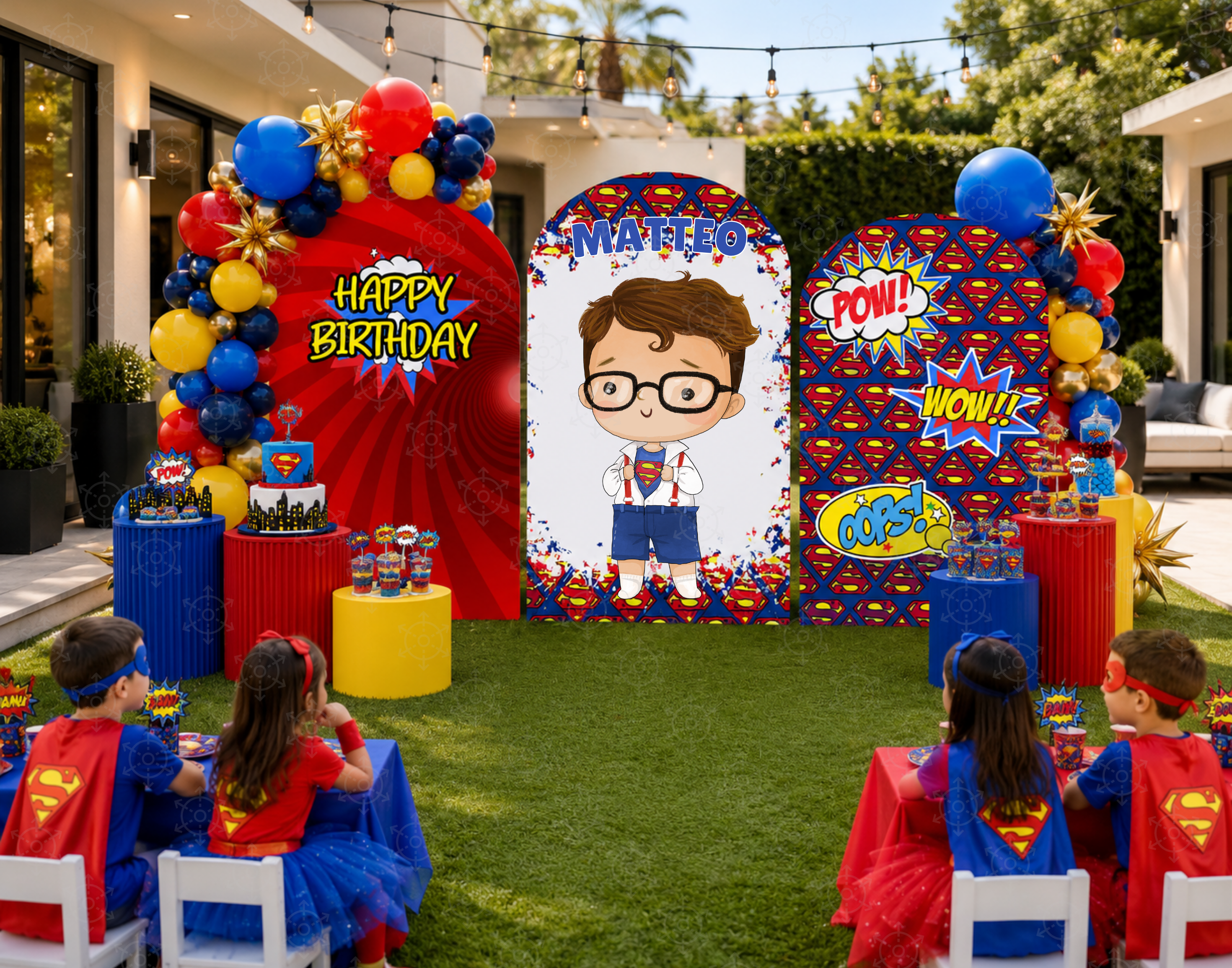 Superhero First Birthday Backdrop & Cutouts | Personalized Comic City Party Decorations