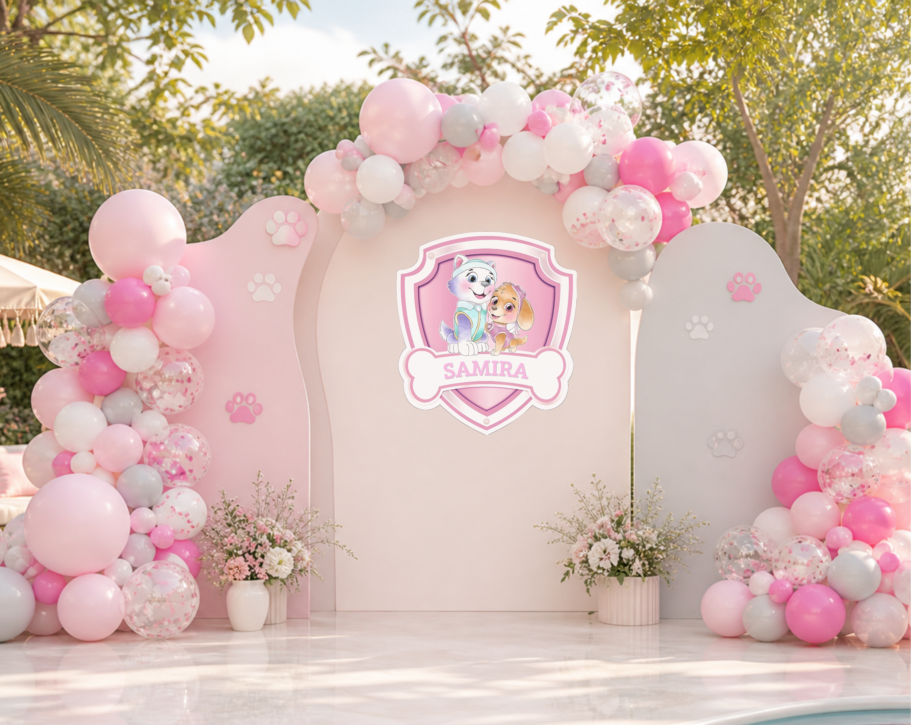 Pastel puppy birthday backdrop with soft pink arch panels, balloon garland and personalized rescue themed party decorations.