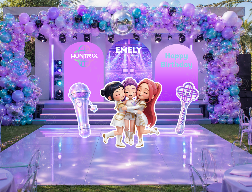 Chibi teen idol party backdrop with pastel purple concert stage graphics, bright lighting effects and standee cutouts for a birthday celebration.