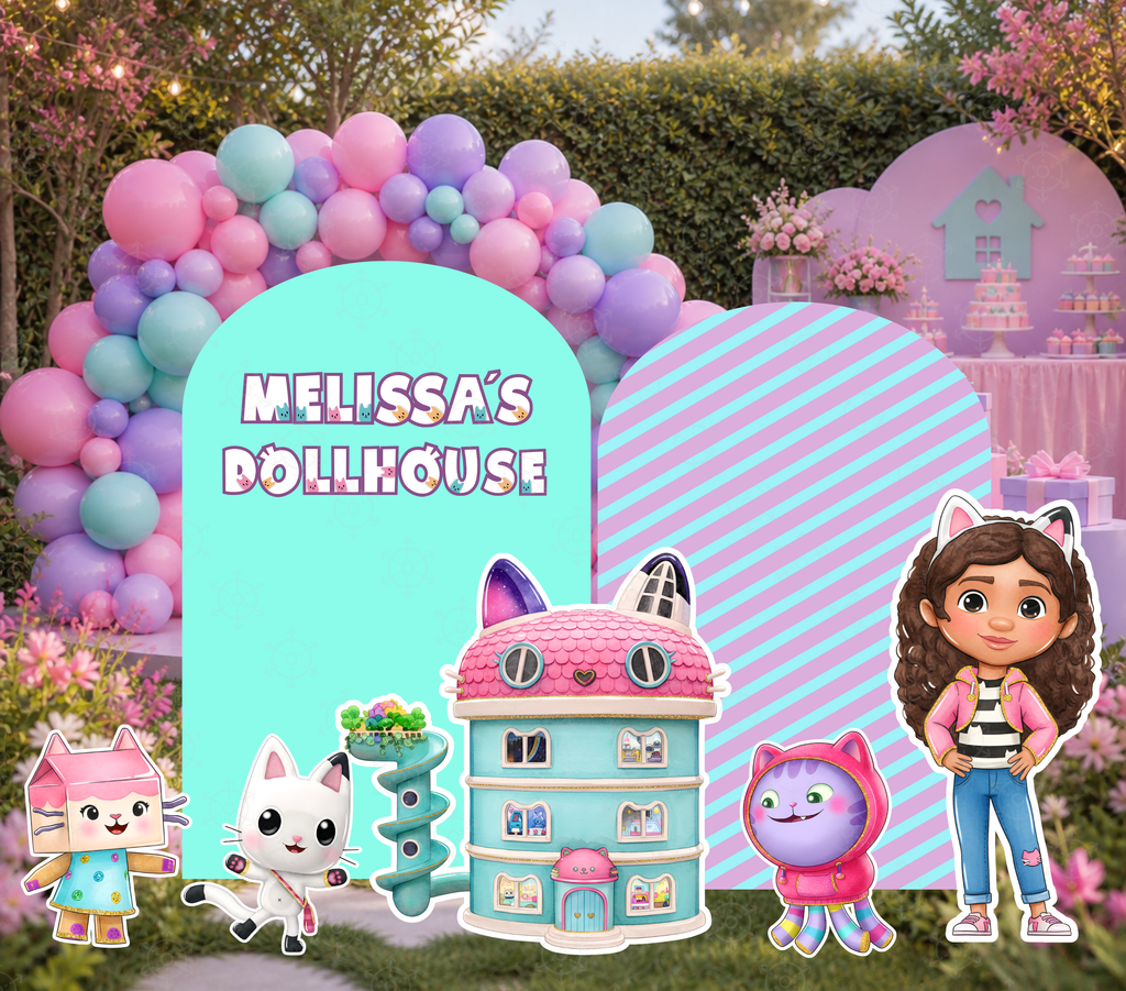 Dollhouse Birthday Backdrop & Character Cutouts | Personalized Kids Party Decorations