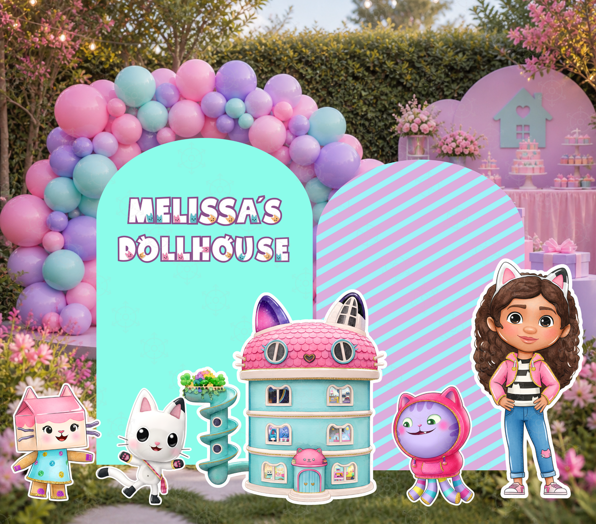 Dollhouse Birthday Backdrop & Character Cutouts | Personalized Kids Party Decorations