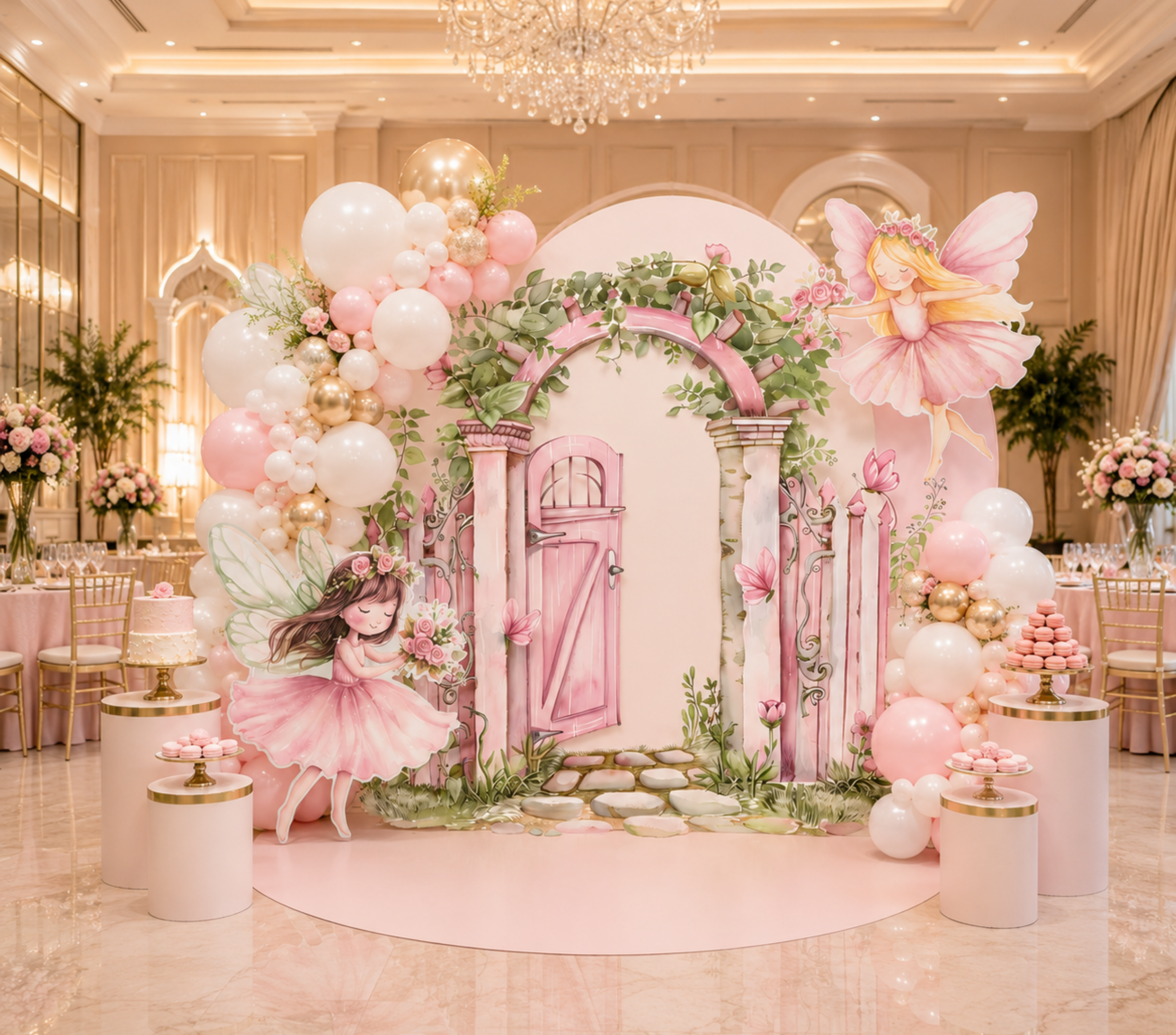 Pink fairy birthday backdrop with layered arch panels, floral garlands and magical garden inspired decorations for a personalized celebration.