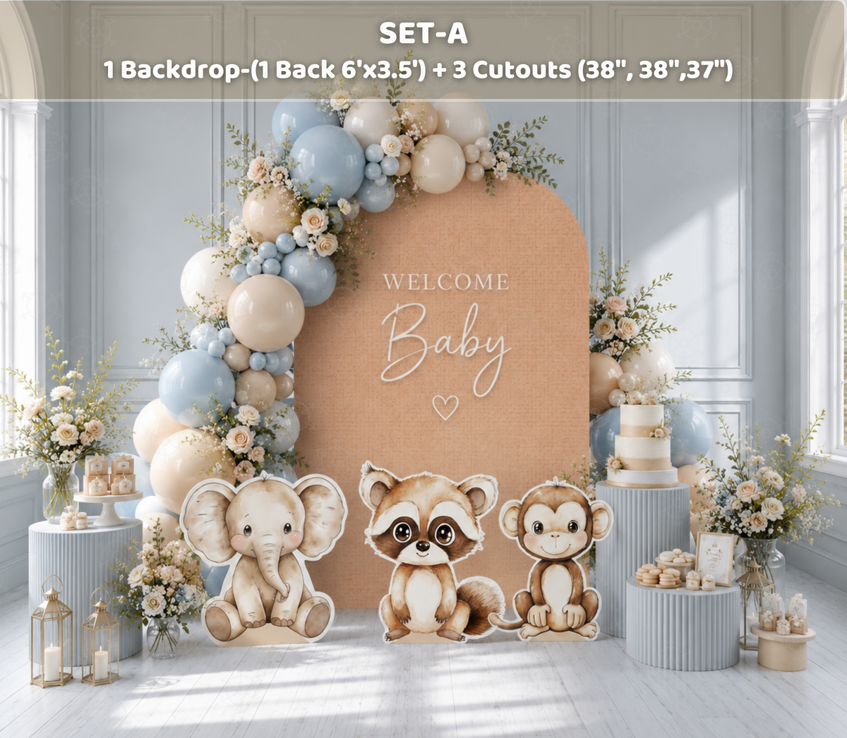 Blue and neutral little animal friends backdrop with woodland animal cutouts and soft balloon decorations
