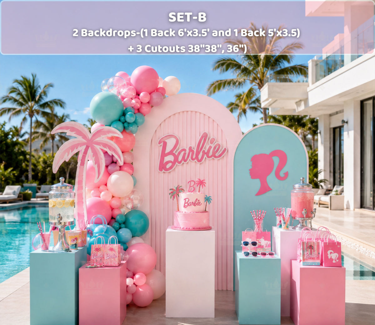 Personalized tropical pool party backdrop with pink birthday cutouts and summer decorations
