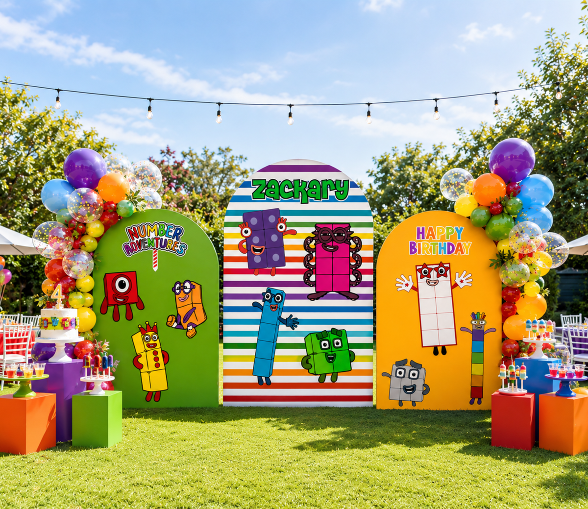 Outdoor Numberblocks birthday backdrop with bright character panels, colorful balloons and playful kids party decorations.