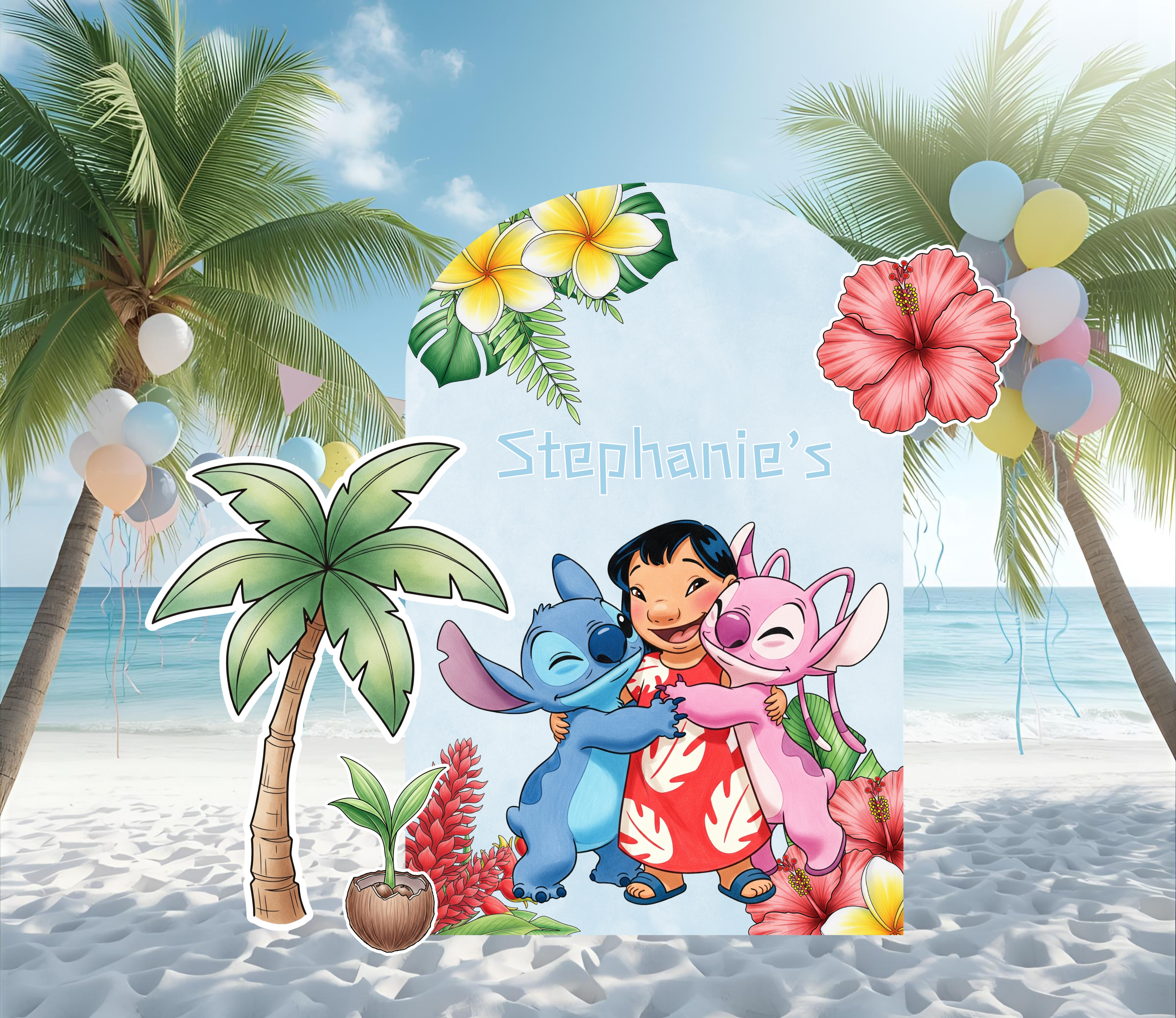 Tropical birthday party display with Hawaiian character cutouts, hibiscus flowers and bright island inspired backdrop decor.