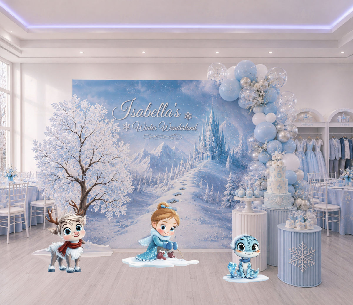 Personalized winter princess backdrop with icy blue castle scene and character cutouts