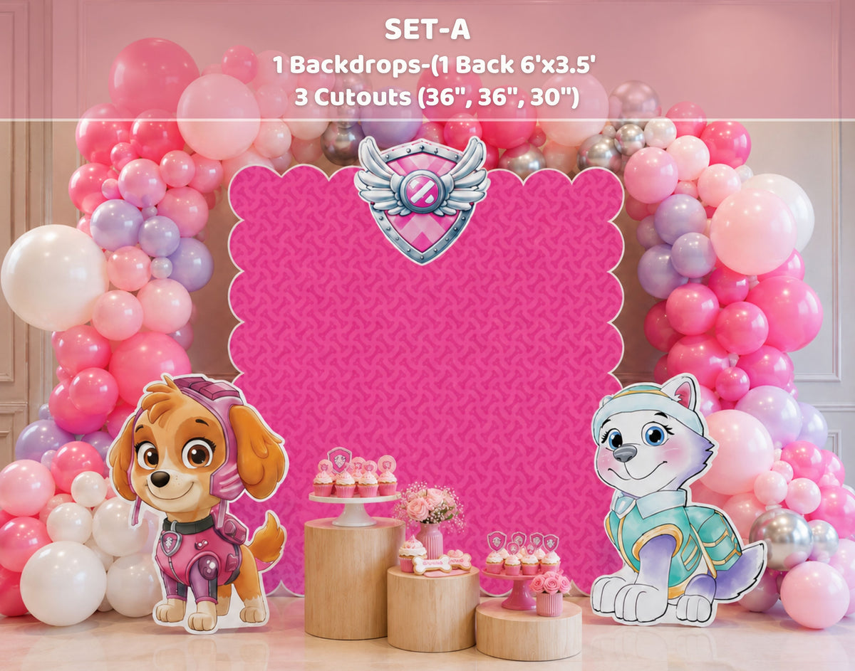 Pink puppy birthday backdrop with character cutouts, heart badge detail, pink and white balloon garland and dessert pedestals for a girls party.