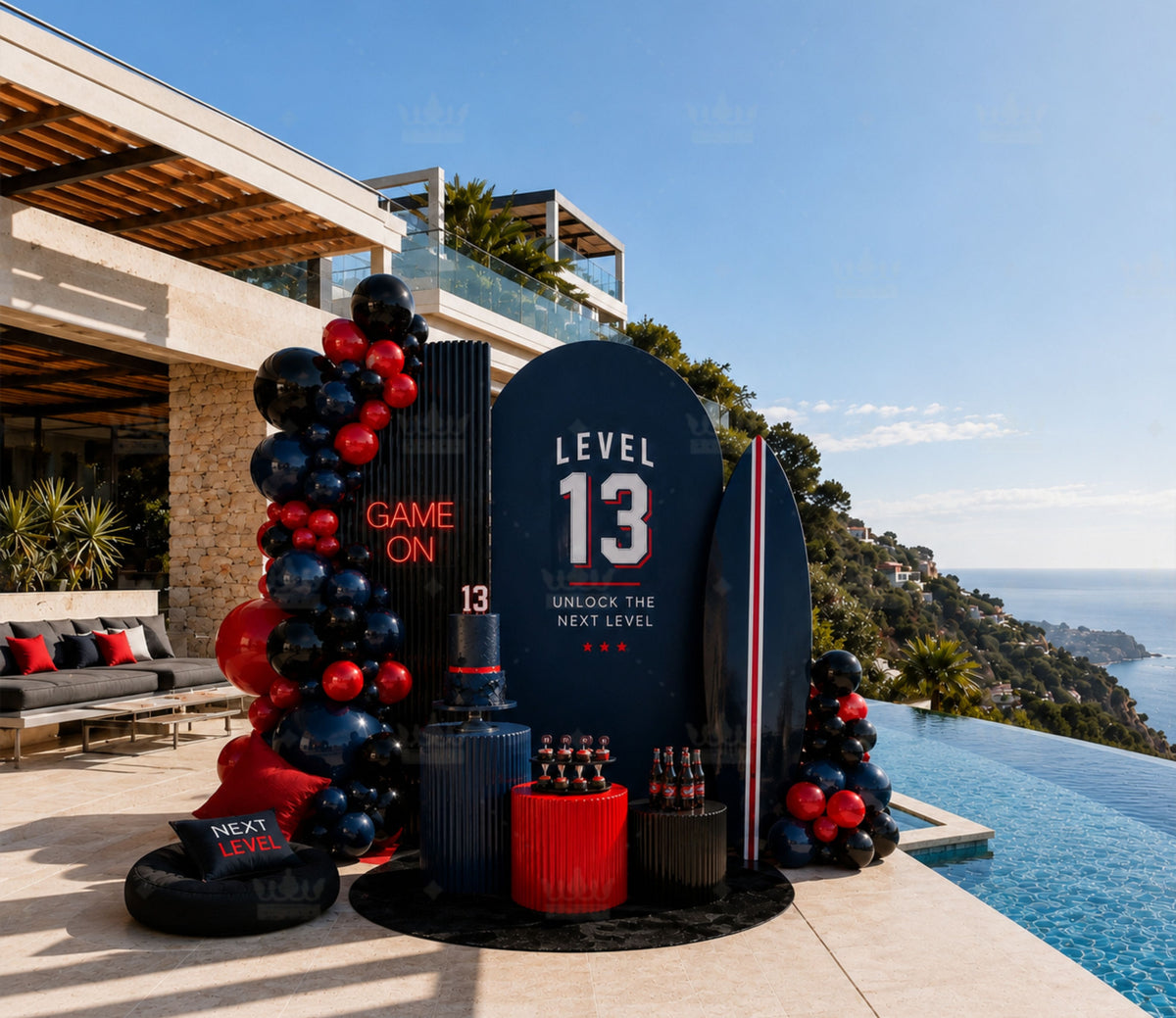 Black and red personalized 13th birthday backdrop with modern poolside party decorations