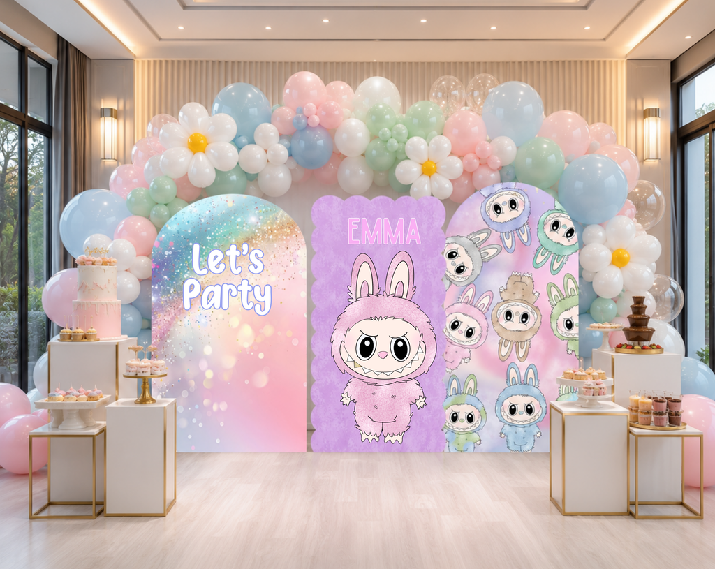 Kawaii birthday backdrop with pastel balloon garland, cute monster characters and layered party panels for a modern kids celebration.