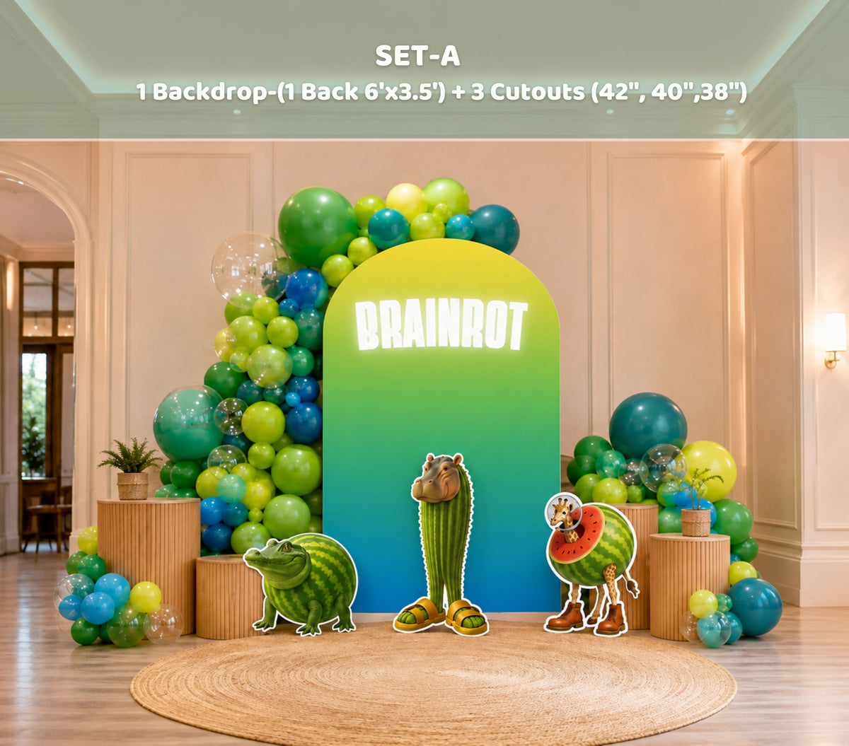 Green Italian Brainrot birthday backdrop with personalized name, bright balloons and funny meme character cutouts for a kids celebration.