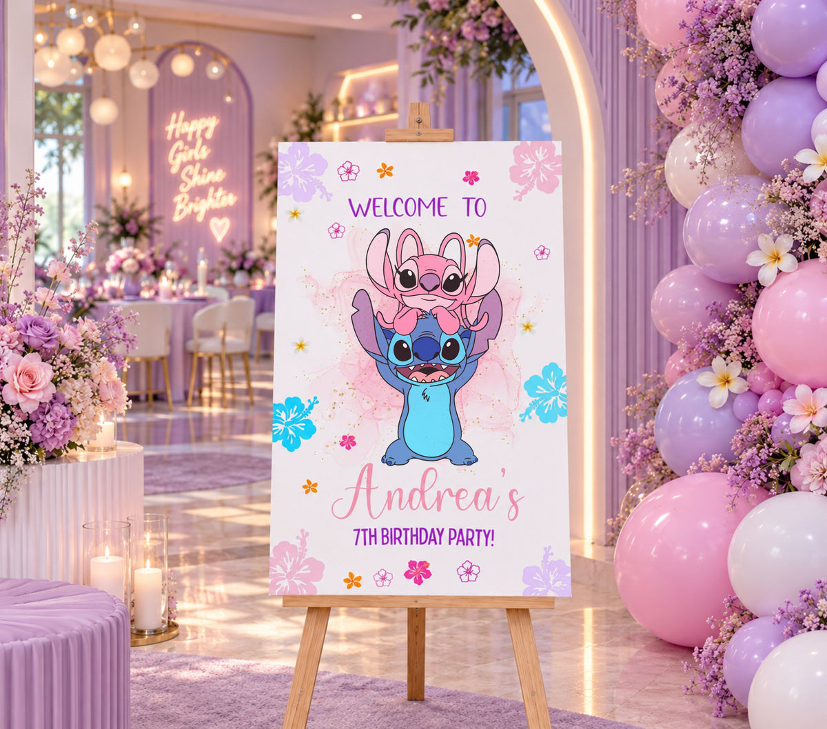Personalized island birthday welcome sign featuring a cute blue alien character, pastel flowers and playful tropical styling.
