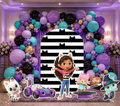 Personalized dollhouse birthday backdrop with black and pastel party design, balloon arch and matching character decorations