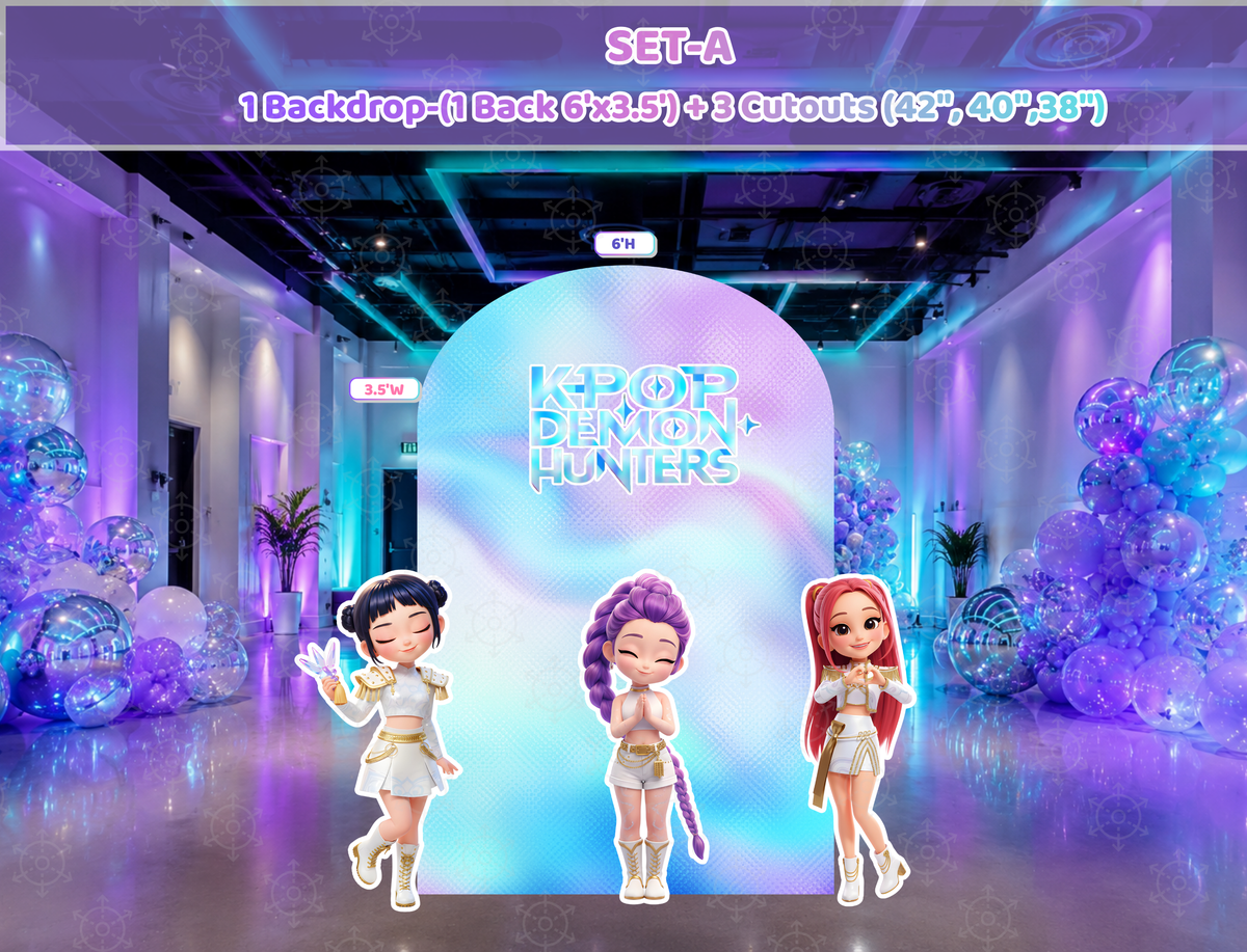 Personalized chibi concert birthday backdrop with neon blue and purple stage design, performer cutouts and music themed party decor.