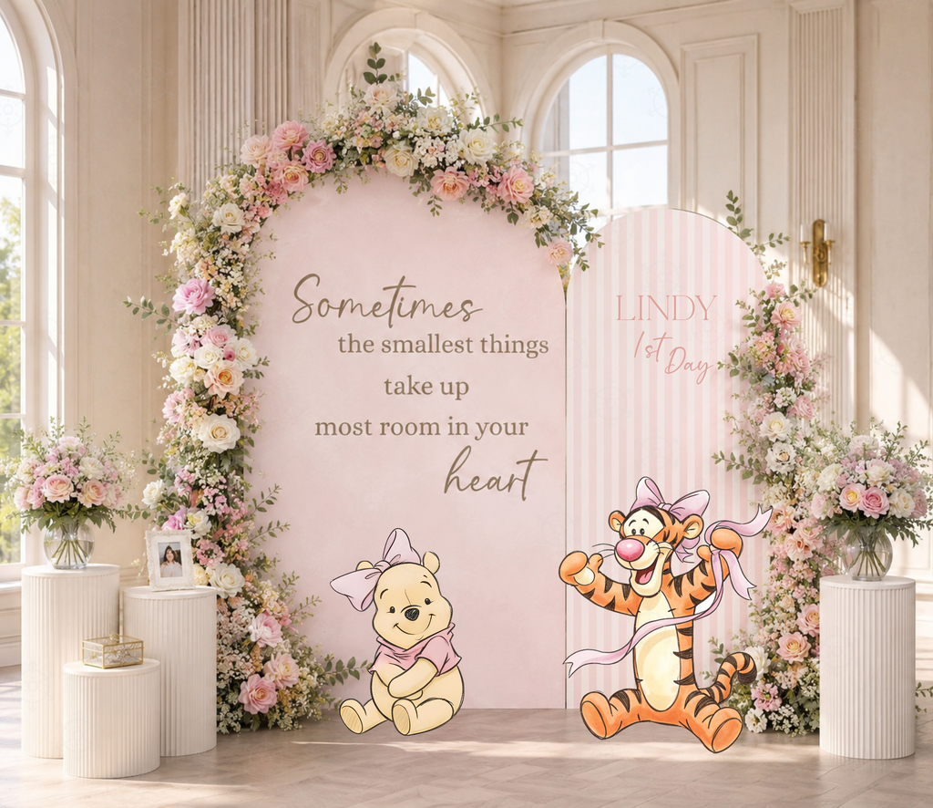Personalized Honey Bear backdrop and cutout set styled with soft neutral florals for a baby shower celebration.